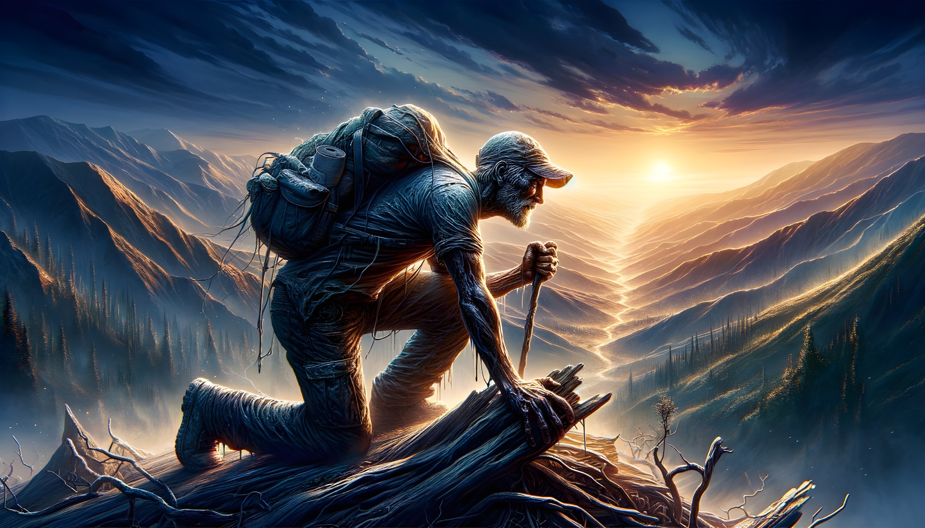 Explorer Silhouette at Sunset Over Mountain Landscape