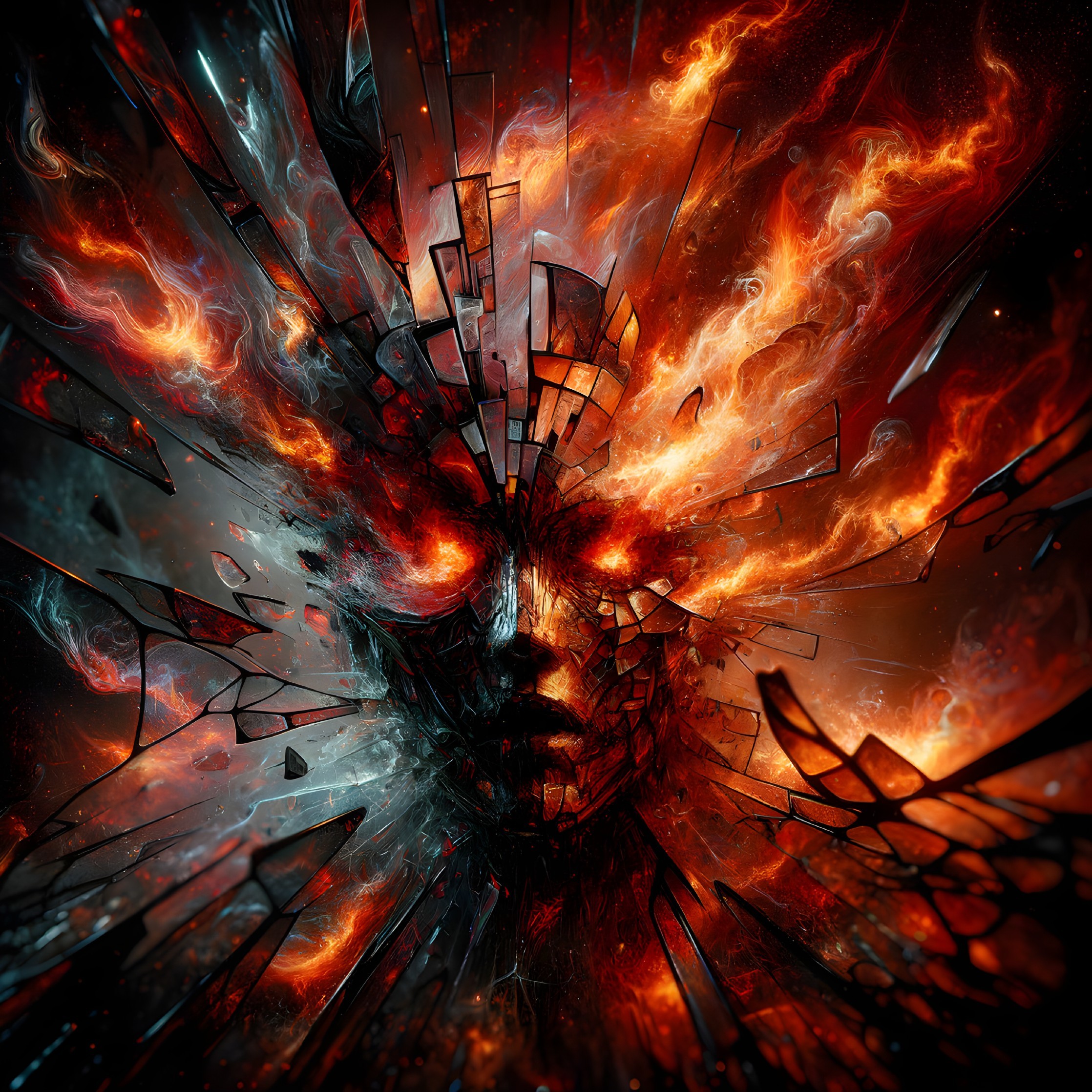 Abstract Face in Fiery Explosion of Colors and Shards
