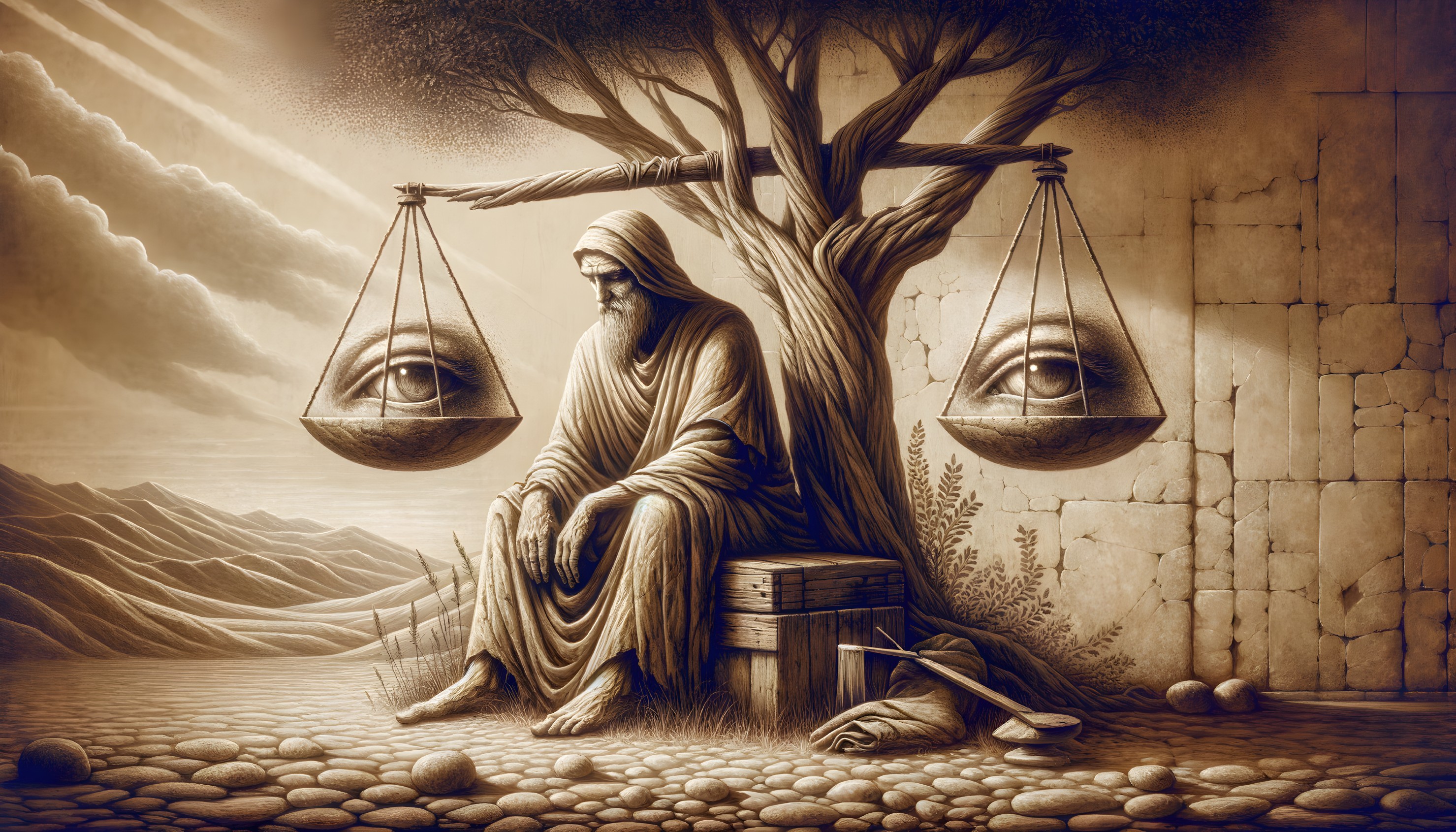 Wise figure under tree with judgment scales and stones