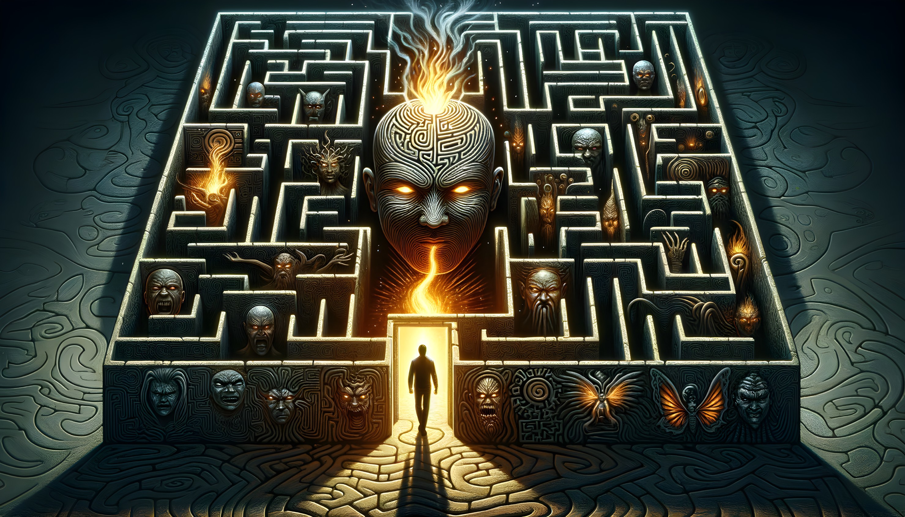 Surreal Maze with Intricate Head and Glowing Eyes