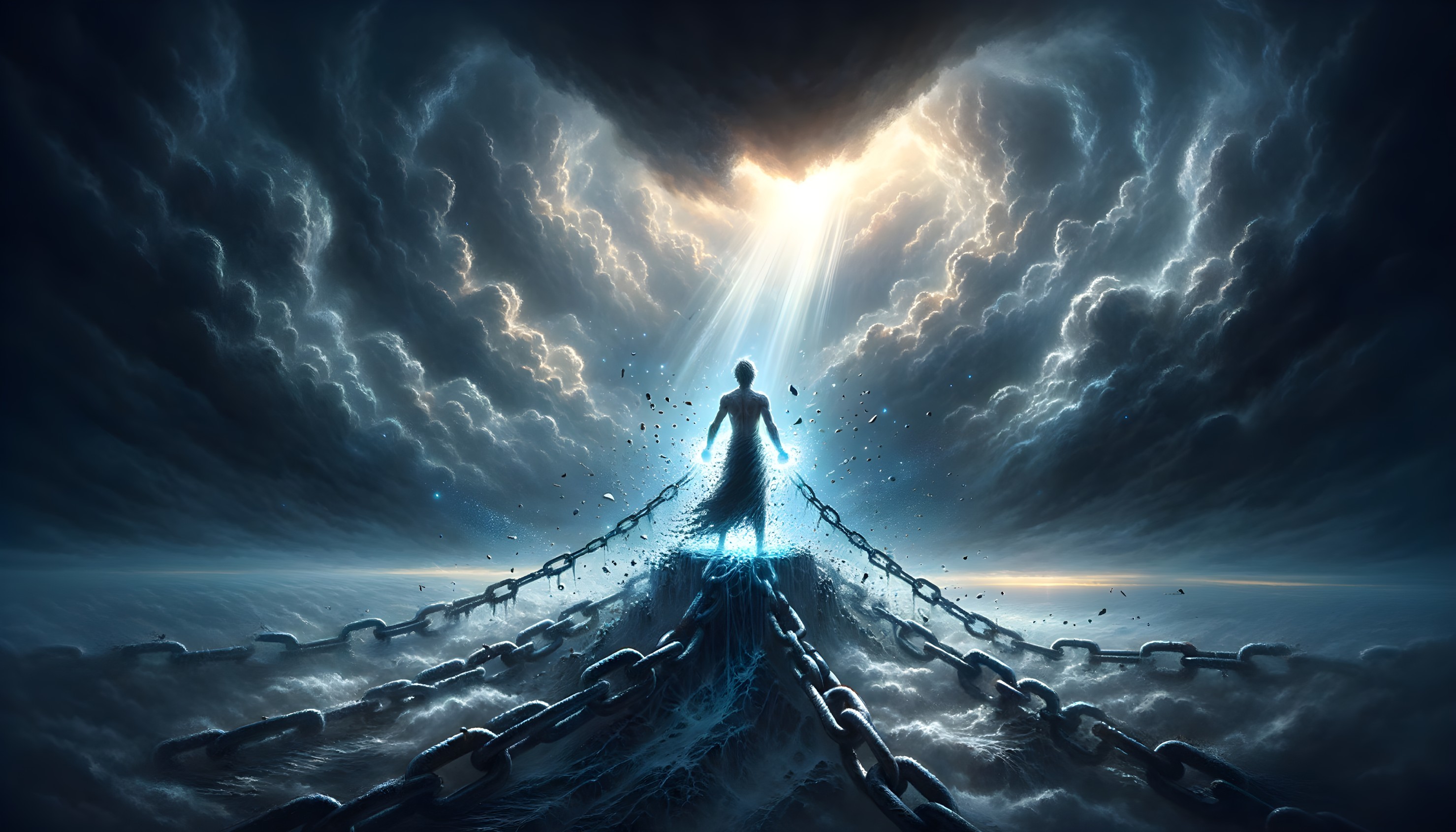 Solitary Figure at Turbulent Ocean with Broken Chains