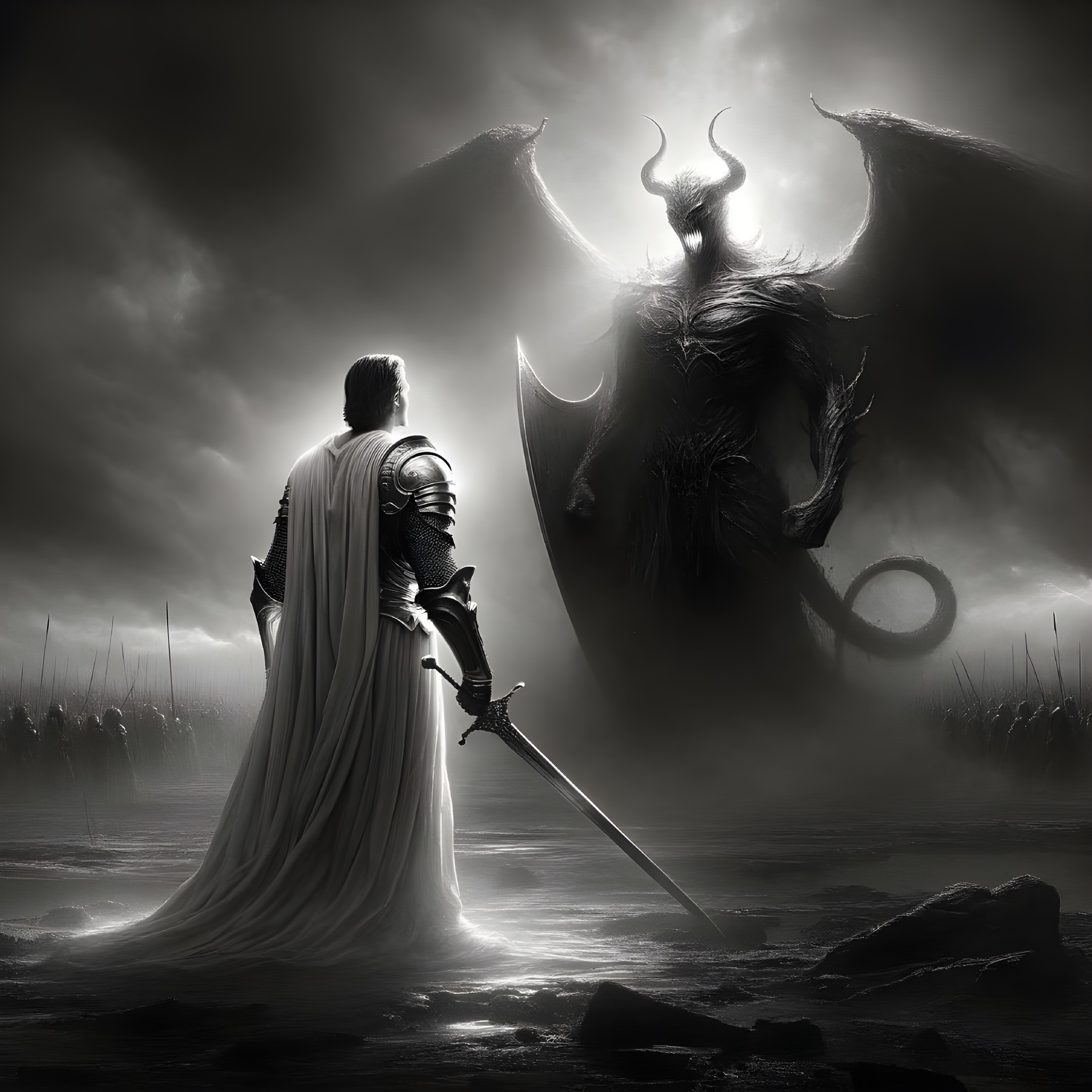 Lone Warrior Confronts Shadowy Figure in Dark Landscape