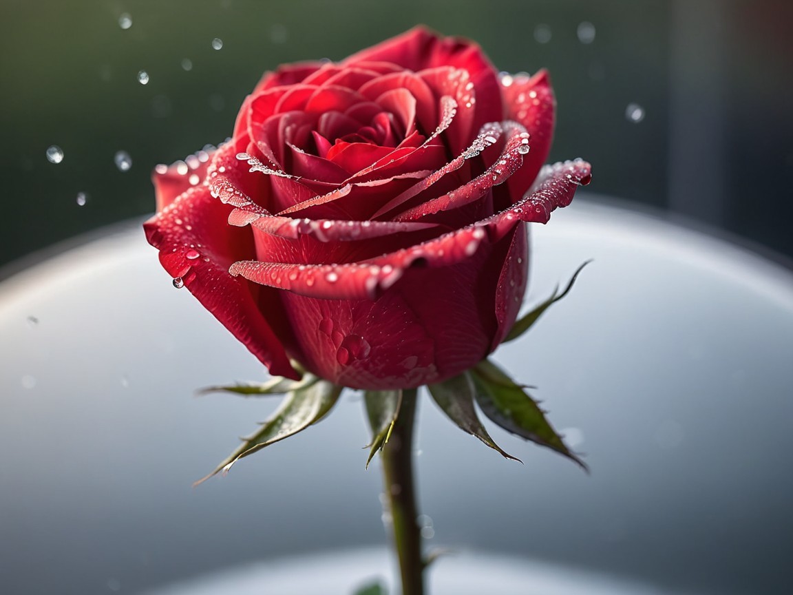 Red Rose with Water Droplets on Soft Background
