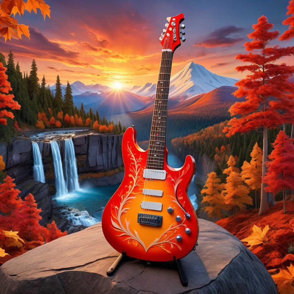 Electric Guitar with Floral Design in Autumn Landscape