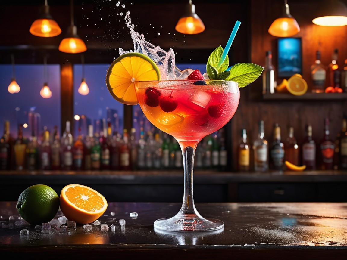 Vibrant cocktail with ice, raspberries, and citrus garnishes