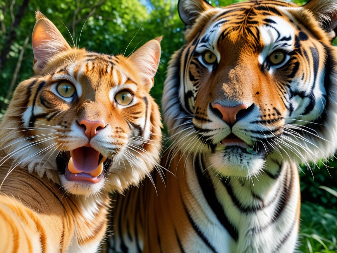 Two Tigers in Playful Selfie Moment in Greenery