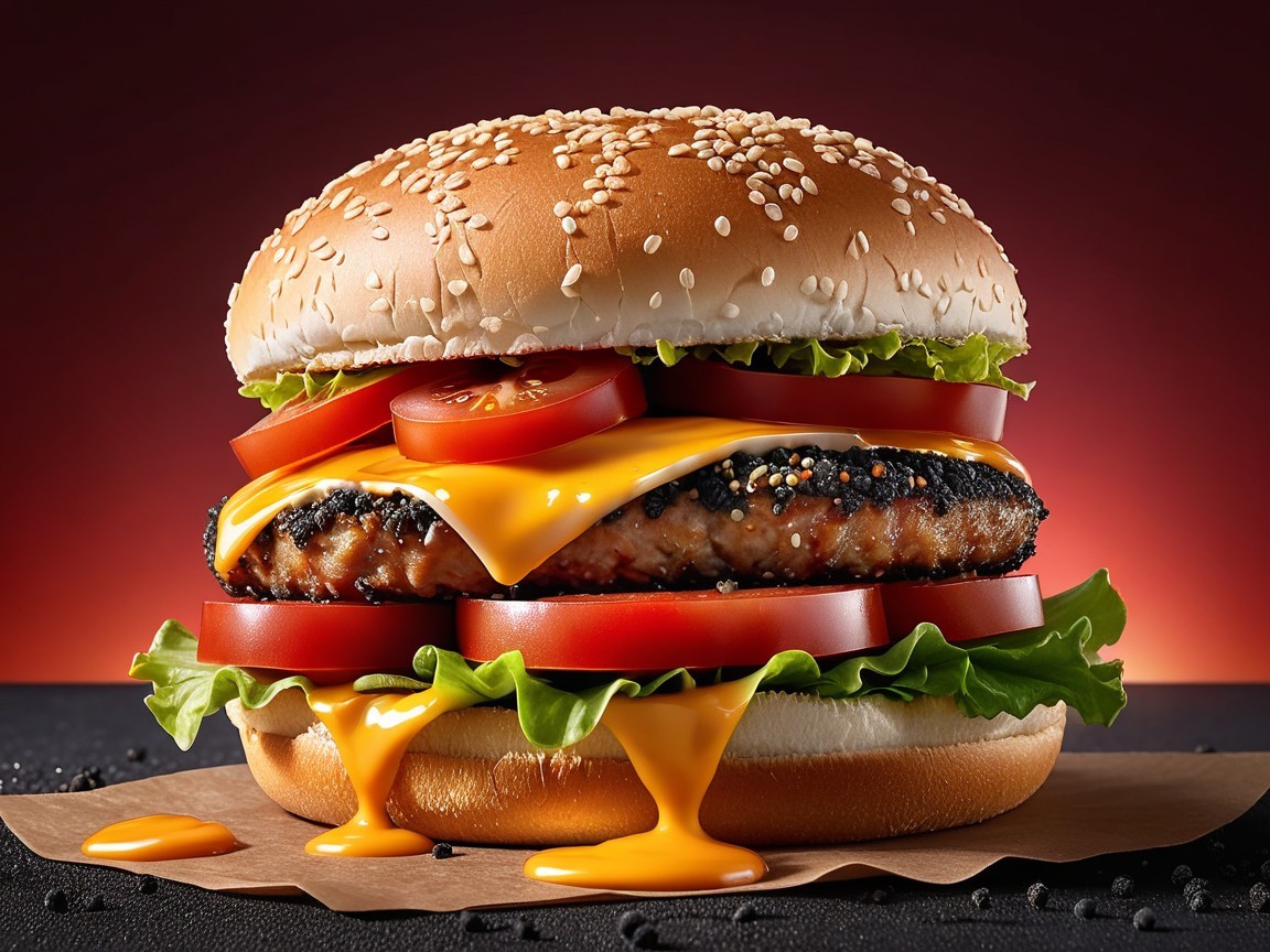 Delicious burger with sesame bun, lettuce, and cheese
