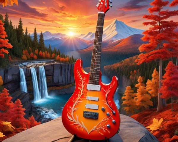 Electric Guitar with Floral Design in Autumn Landscape