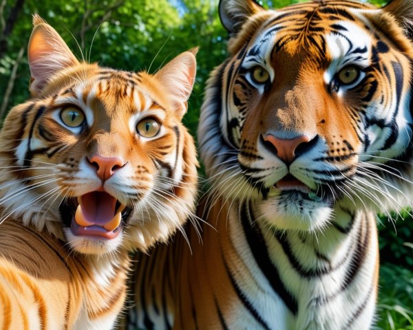 Two Tigers in Playful Selfie Moment in Greenery