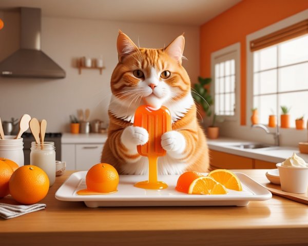 Fluffy Orange Tabby Cat with Popsicle in Kitchen Setting