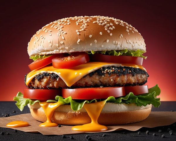 Delicious burger with sesame bun, lettuce, and cheese