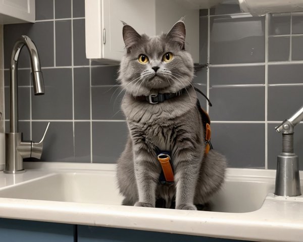 Fluffy gray cat in a kitchen sink with modern decor