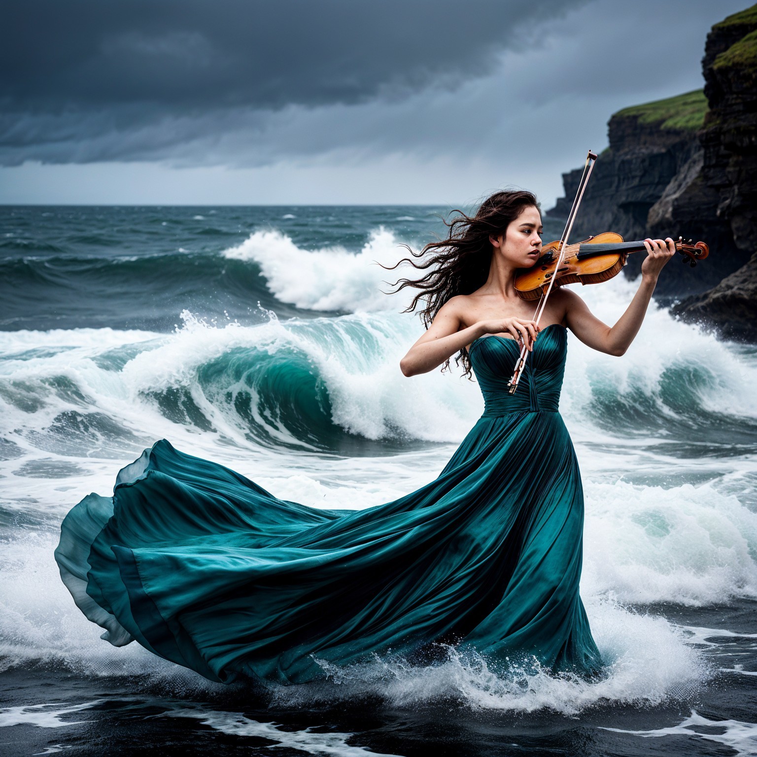 Woman in Emerald Dress Playing Violin by Ocean Waves