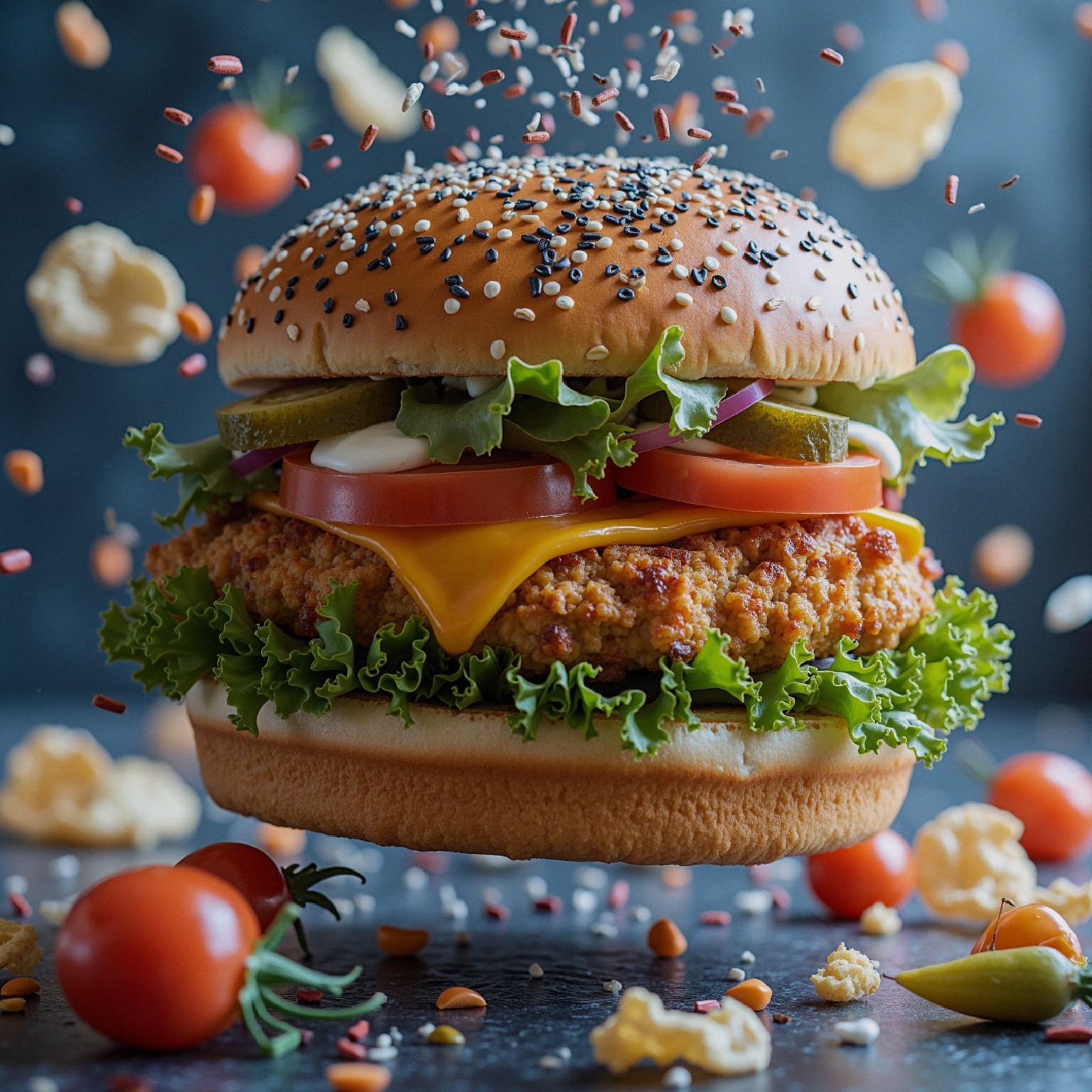 Crispy Chicken Burger with Fresh Vegetables and Cheese