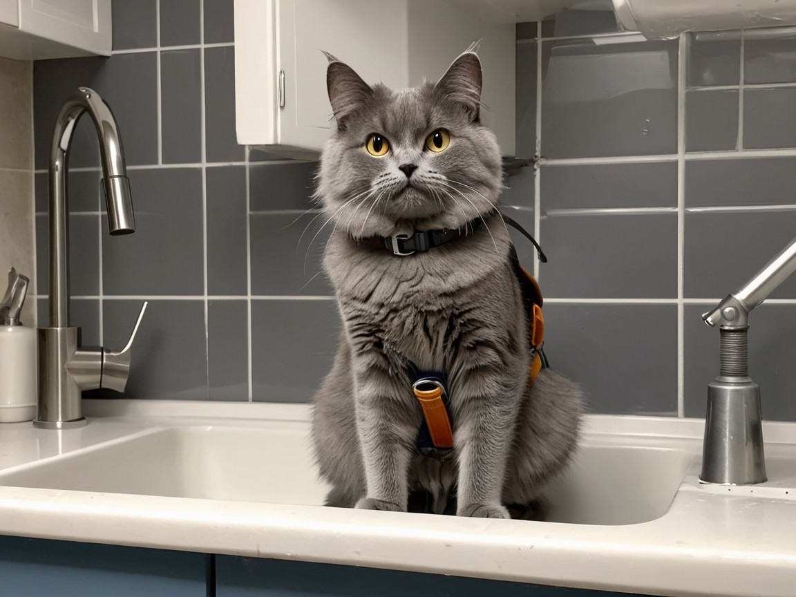 Fluffy gray cat in a kitchen sink with modern decor