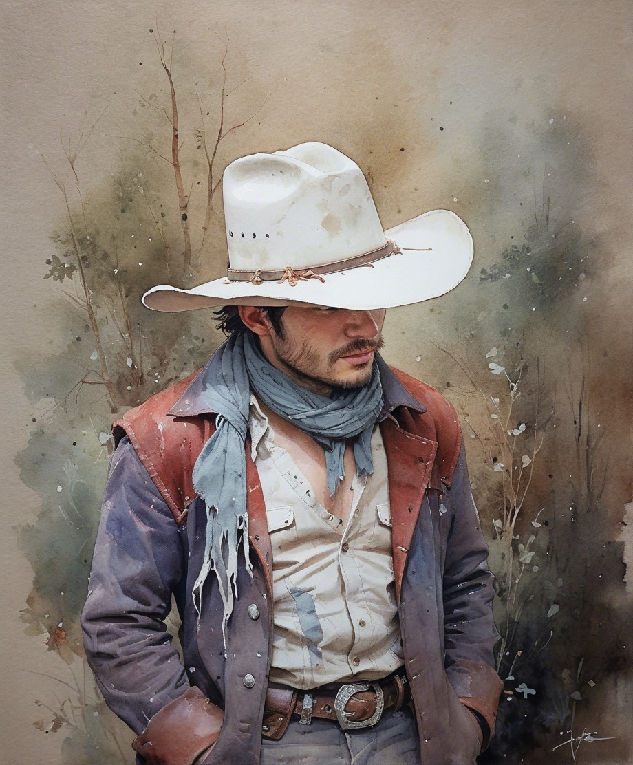 Lone Cowboy in Rugged Outfit Against Natural Backdrop