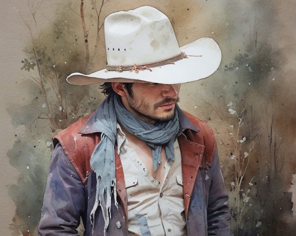 Lone Cowboy in Rugged Outfit Against Natural Backdrop