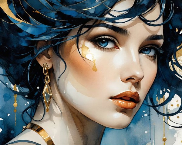 Watercolor portrait of a woman with blue hair and jewelry