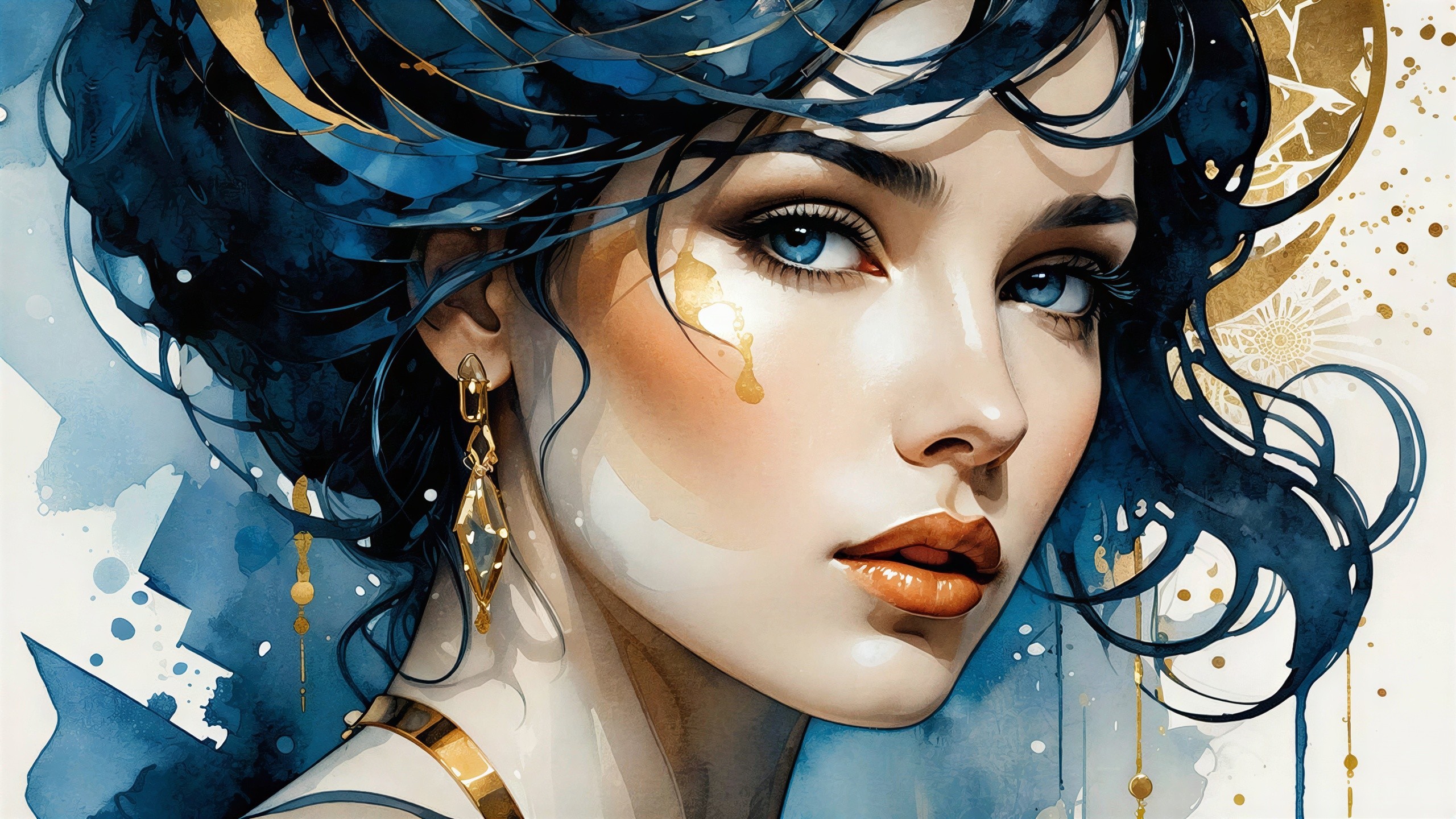 Watercolor portrait of a woman with blue hair and jewelry