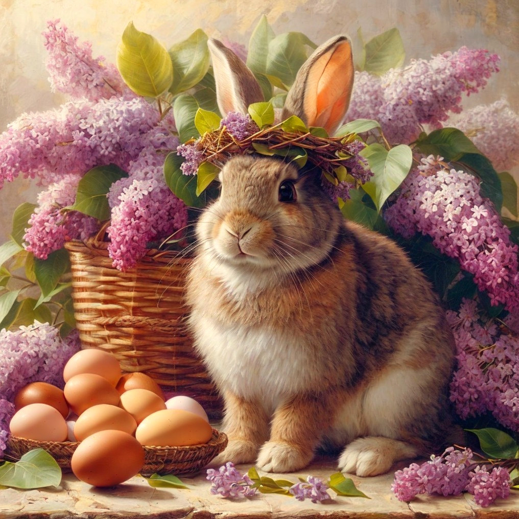 Charming Rabbit Surrounded by Spring Flowers and Eggs