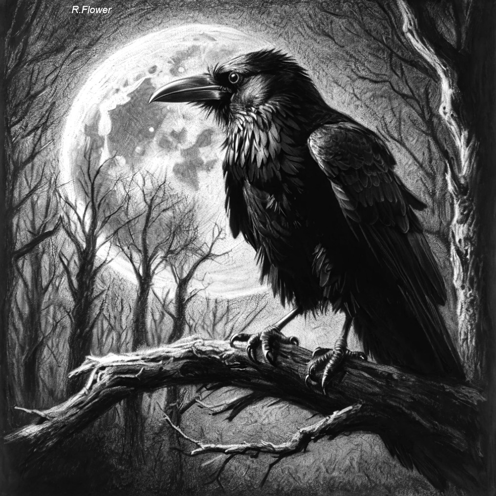 Raven on Branch Under Full Moon in Gothic Setting