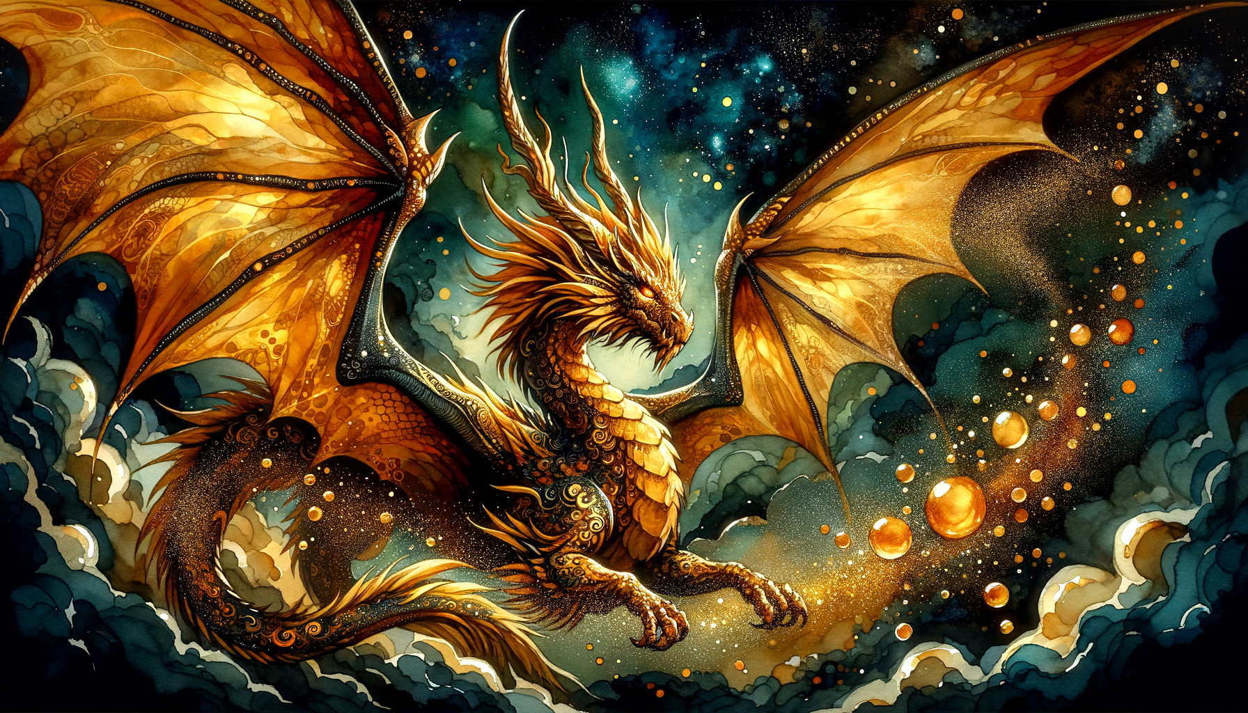 Majestic dragon with golden scales in night sky