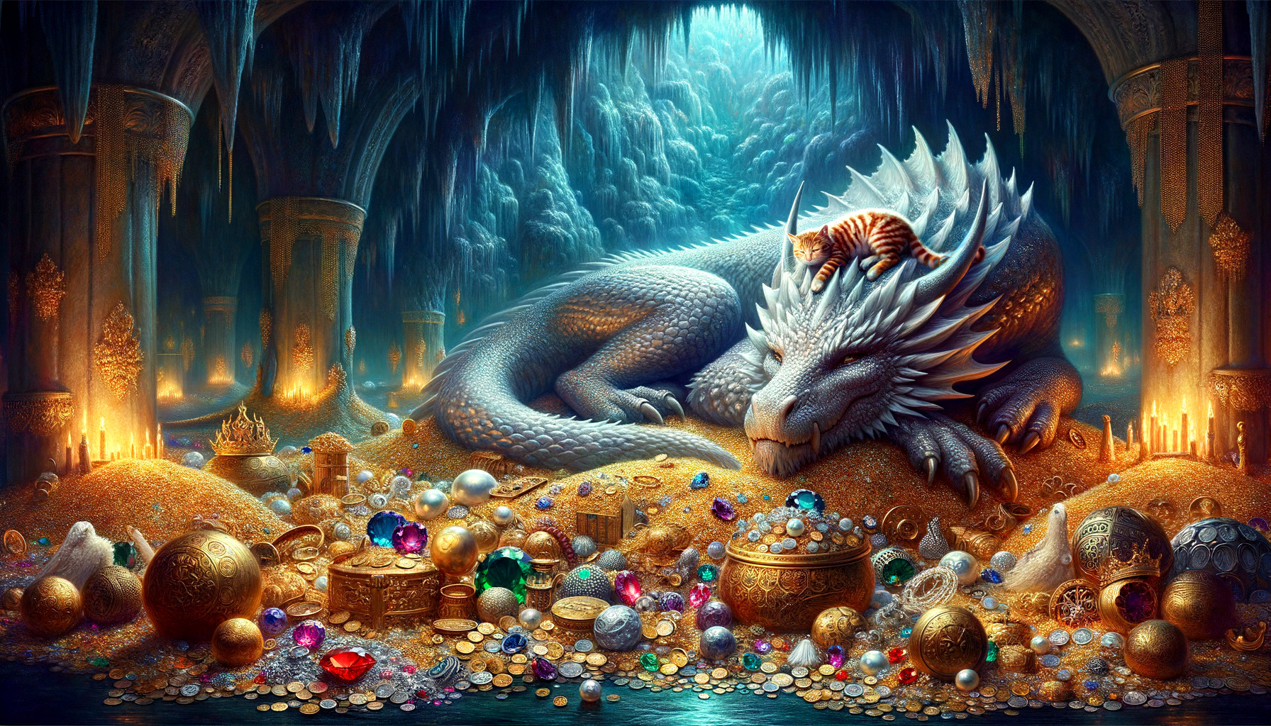 Silver-Scaled Dragon Guarding Treasure in Cavern