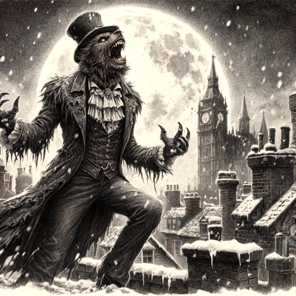 Werewolf in Victorian Suit on Snowy Rooftop at Night