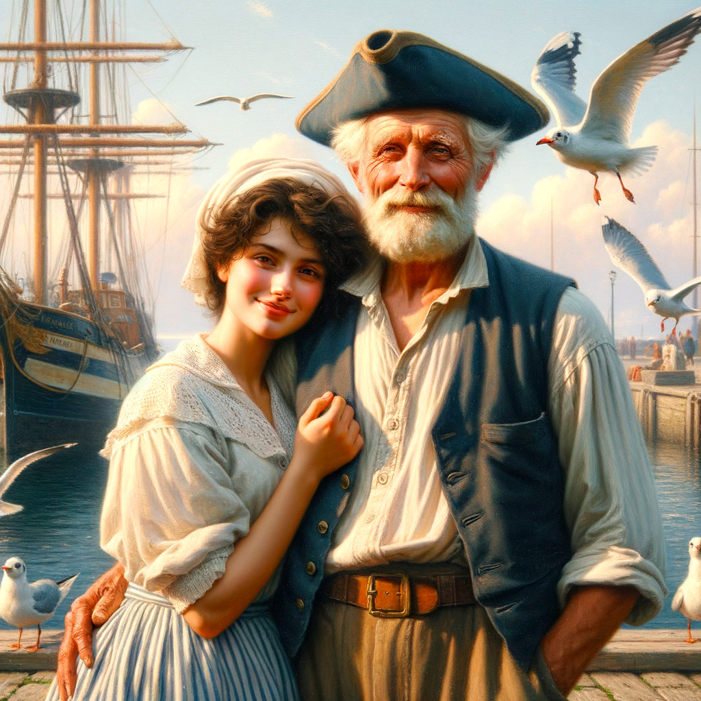Joyful Young Woman and Elderly Man at Vibrant Harbor