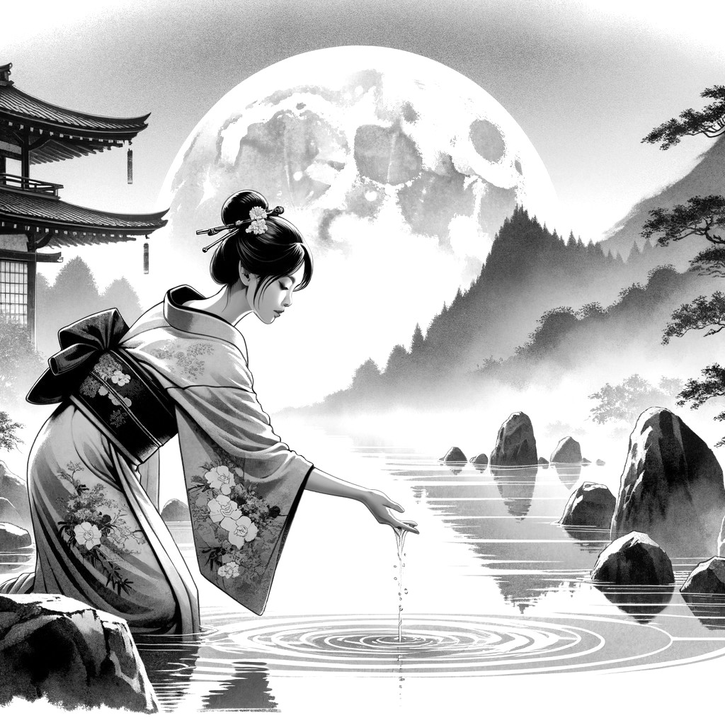 Black-and-white illustration of a woman by a lake