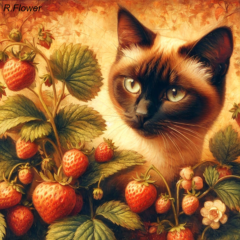 Siamese Cat with Blue Eyes in Strawberry Plant Setting