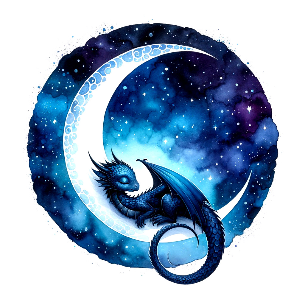 Whimsical Blue Dragon on Crescent Moon at Night Sky