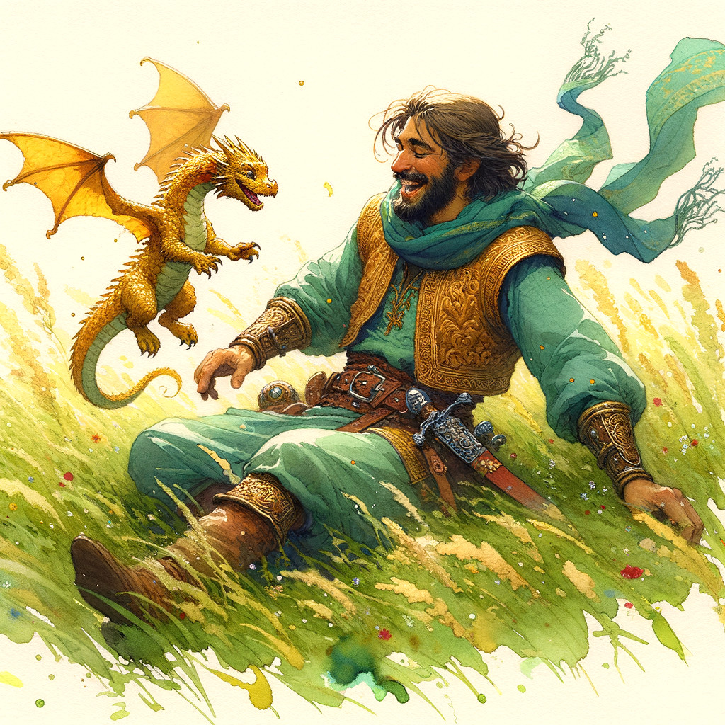 Joyful man and playful dragon in a vibrant meadow