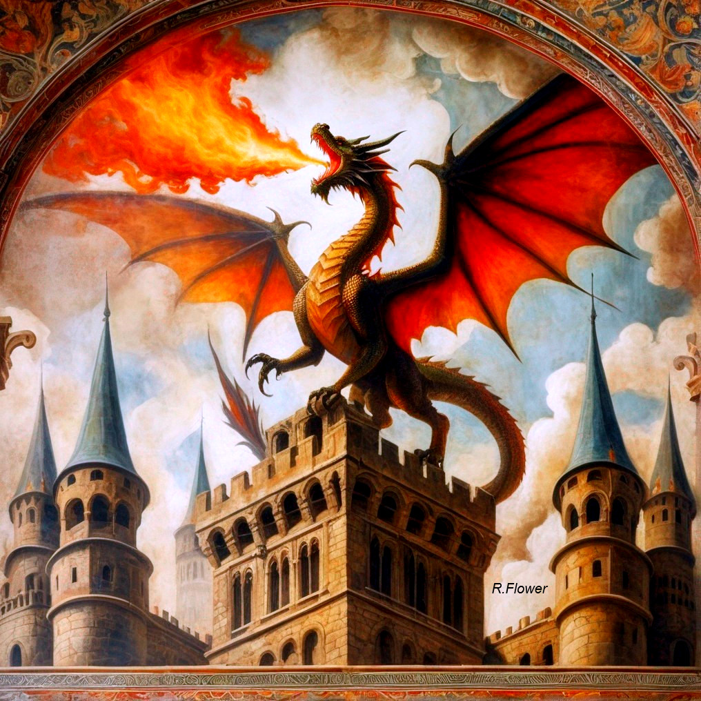 Red Dragon Over Medieval Castle with Fiery Clouds