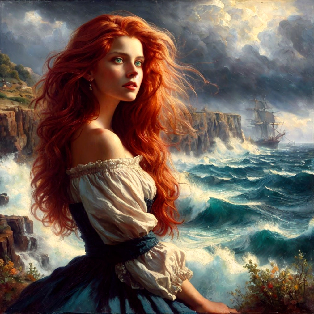 Ethereal Woman by Turbulent Seas and Dramatic Clouds