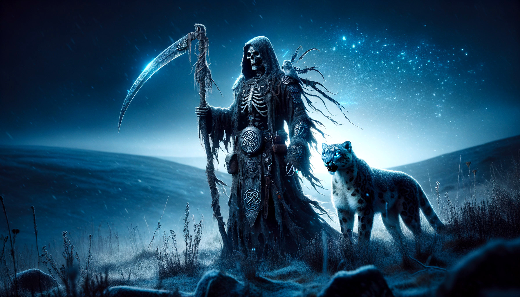 Ethereal Figure and Snow Leopard in Twilight Landscape