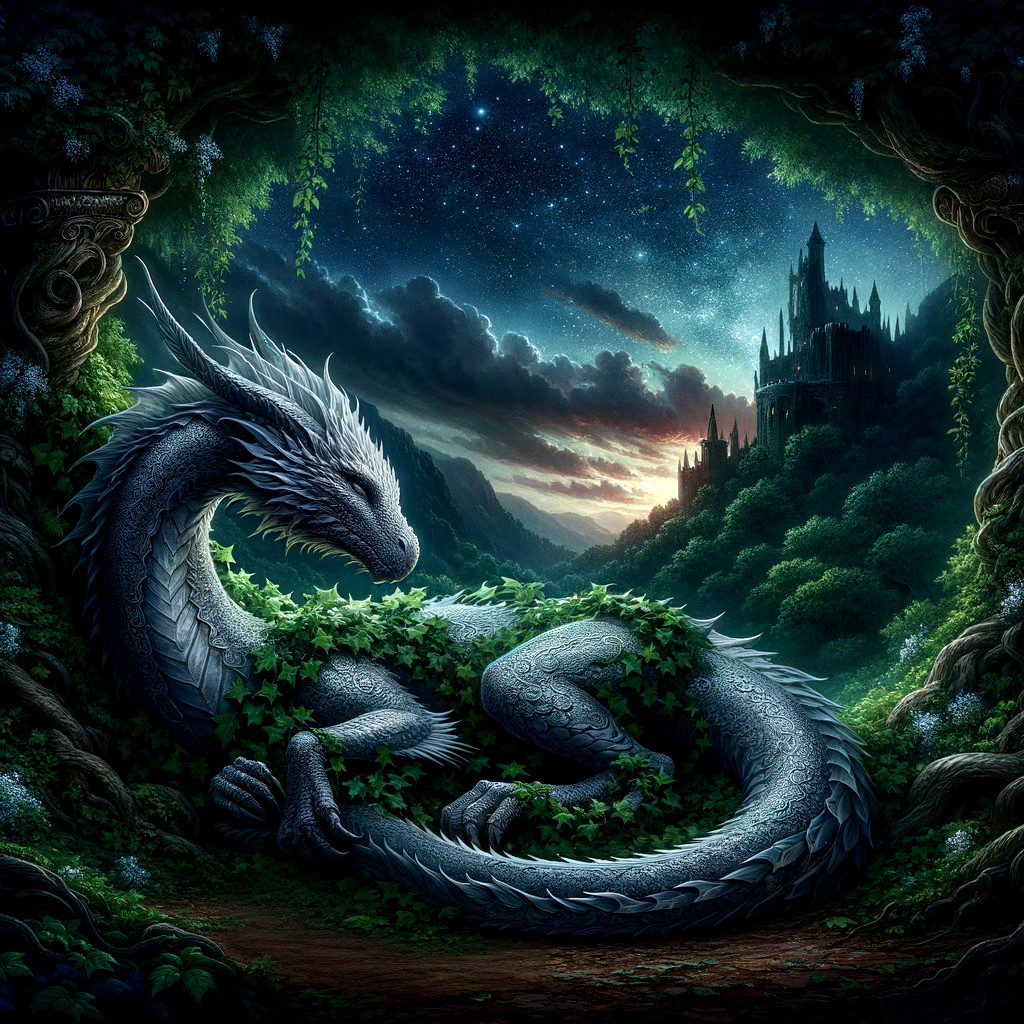 Silver Dragon in Lush Forest Under Starry Sky