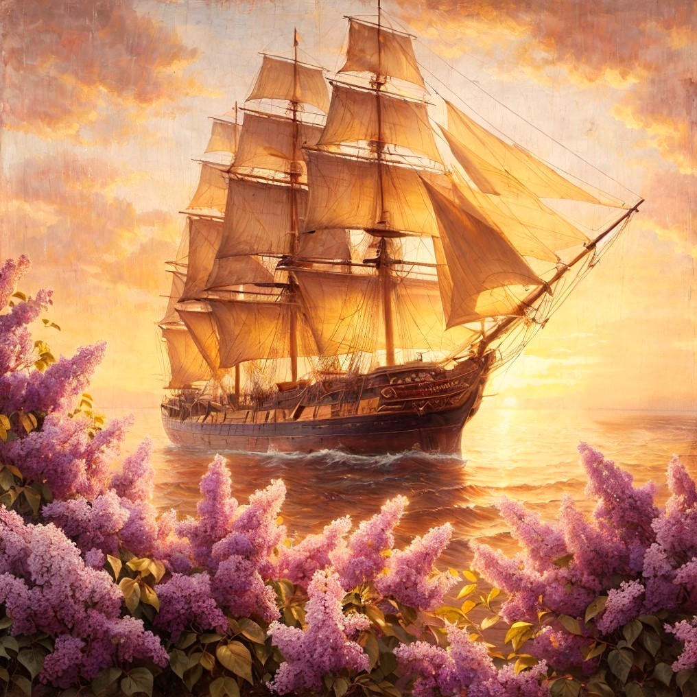 Majestic ship sailing at sunset with lilac flowers