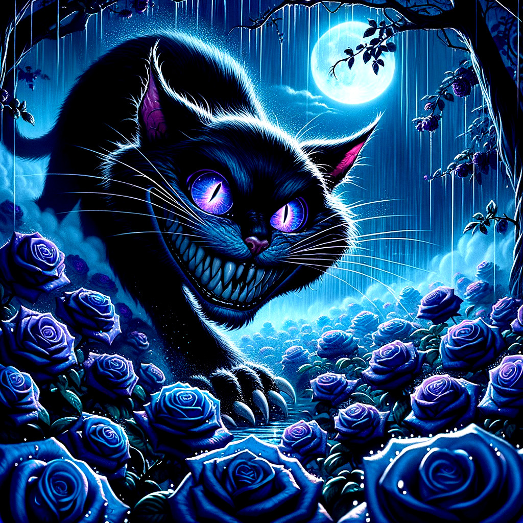 Mystical Black Cat Among Blue Roses in Moonlit Forest