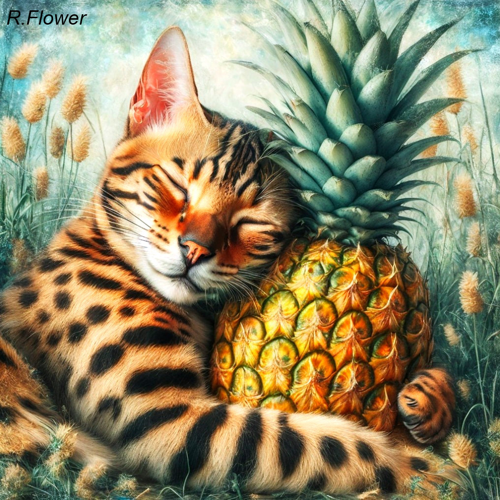 Bengal cat cuddling pineapple in wheat field scene