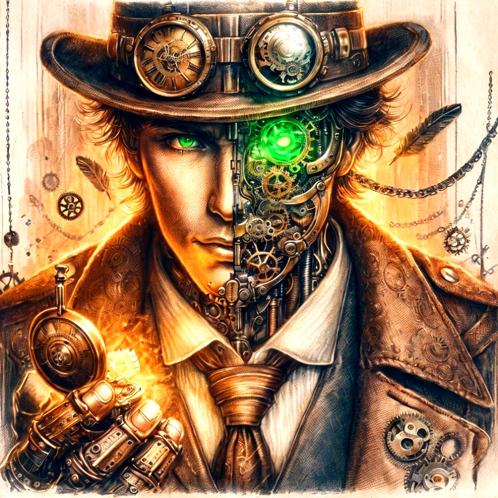 Steampunk Man with Mechanical Features and Clockwork Device