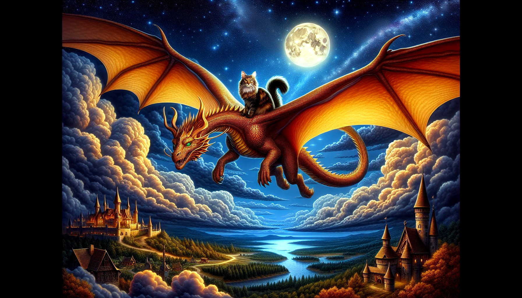 Dragon and Cat in Starry Night Sky with Castles Below