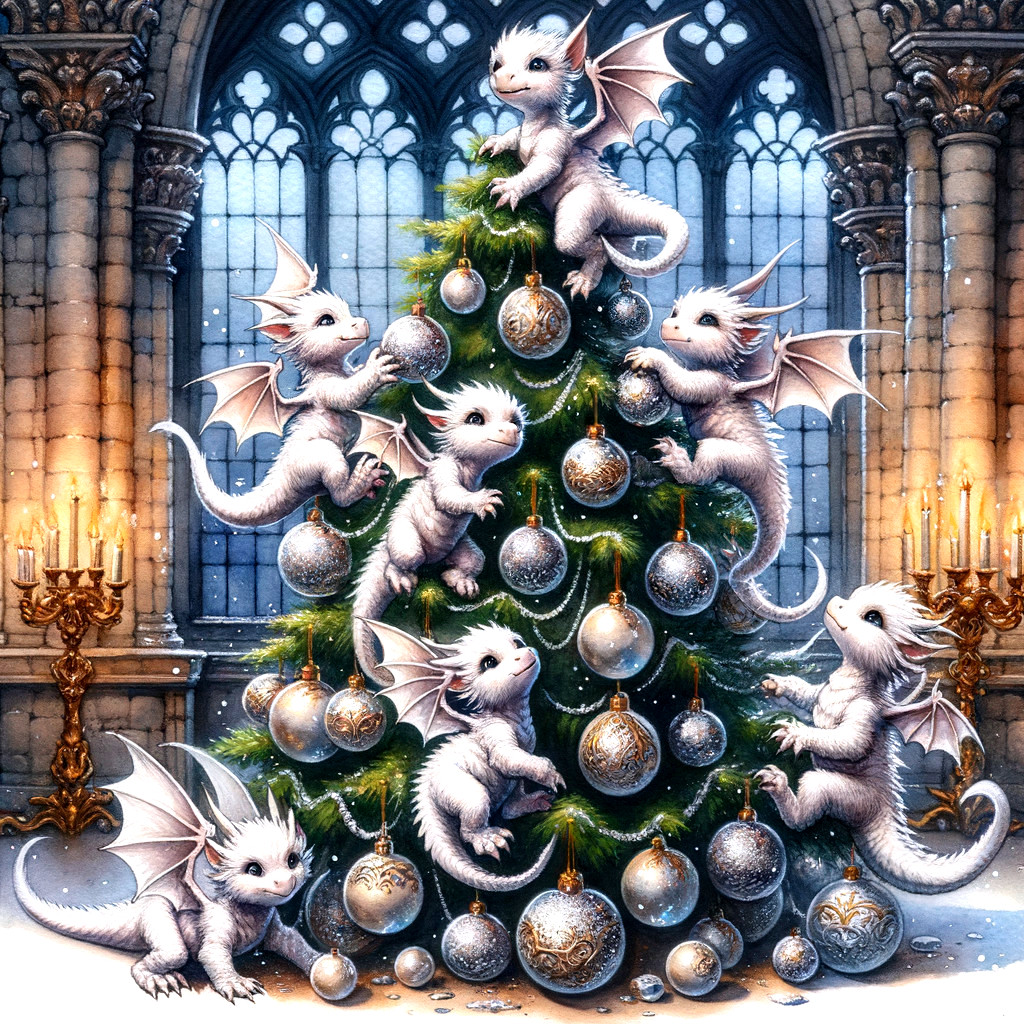 Tiny White Dragons Decorating a Christmas Tree Scene