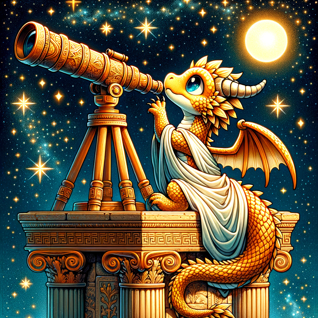 Whimsical Dragon Gazing at Stars Through Telescope