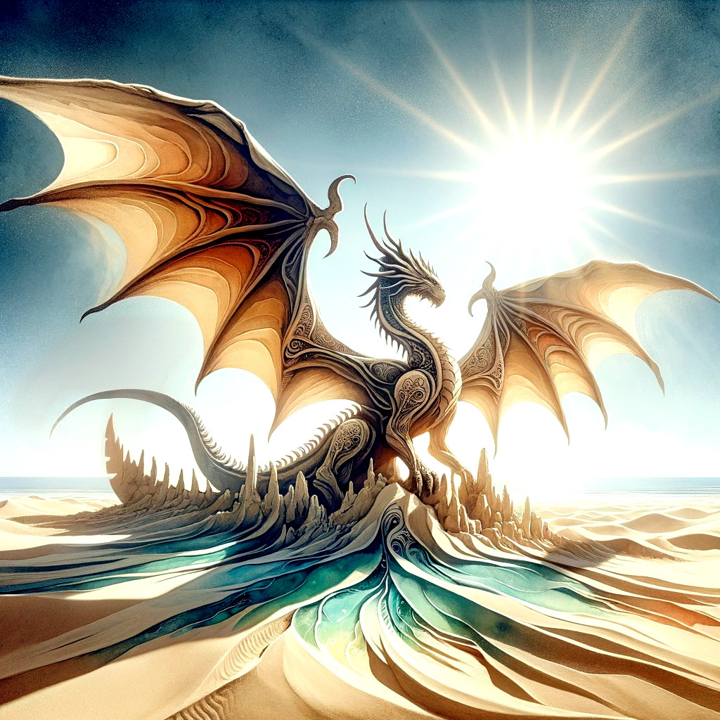 Majestic dragon on sandy dune with shimmering scales