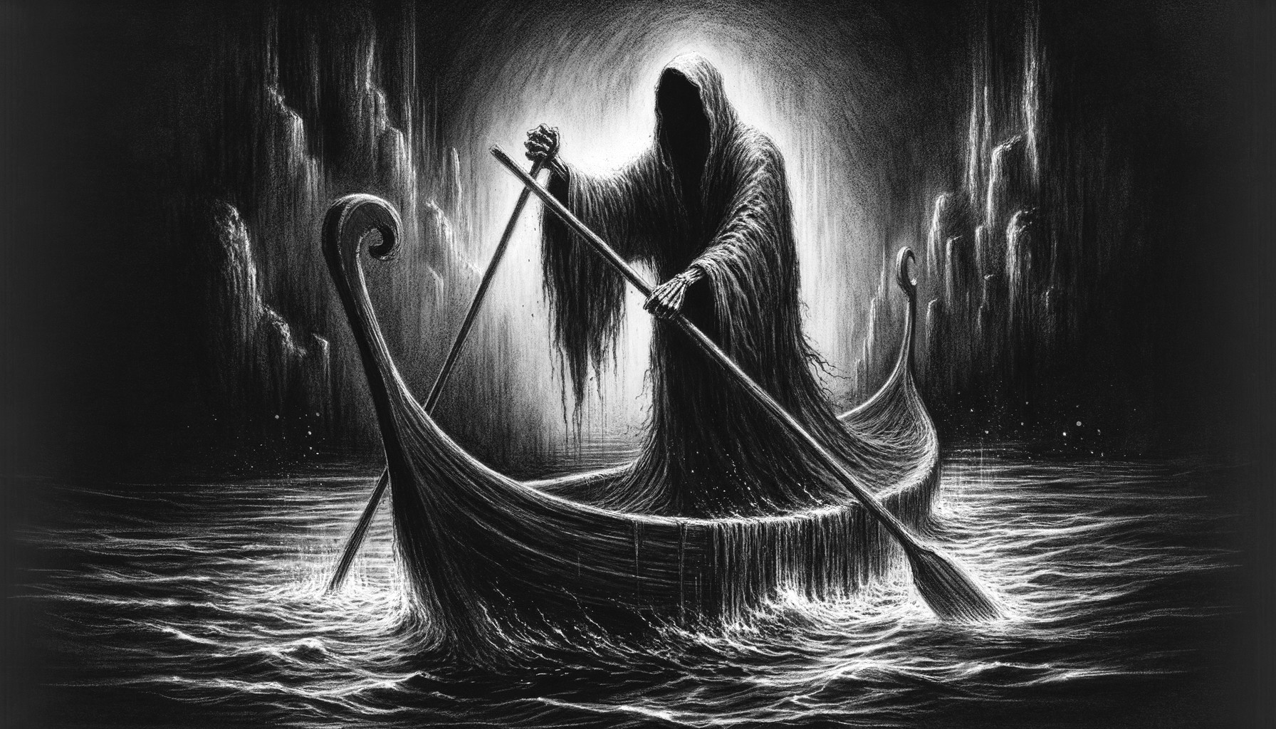 Dark Cloaked Figure Steering Ghostly Boat in Eerie Waters