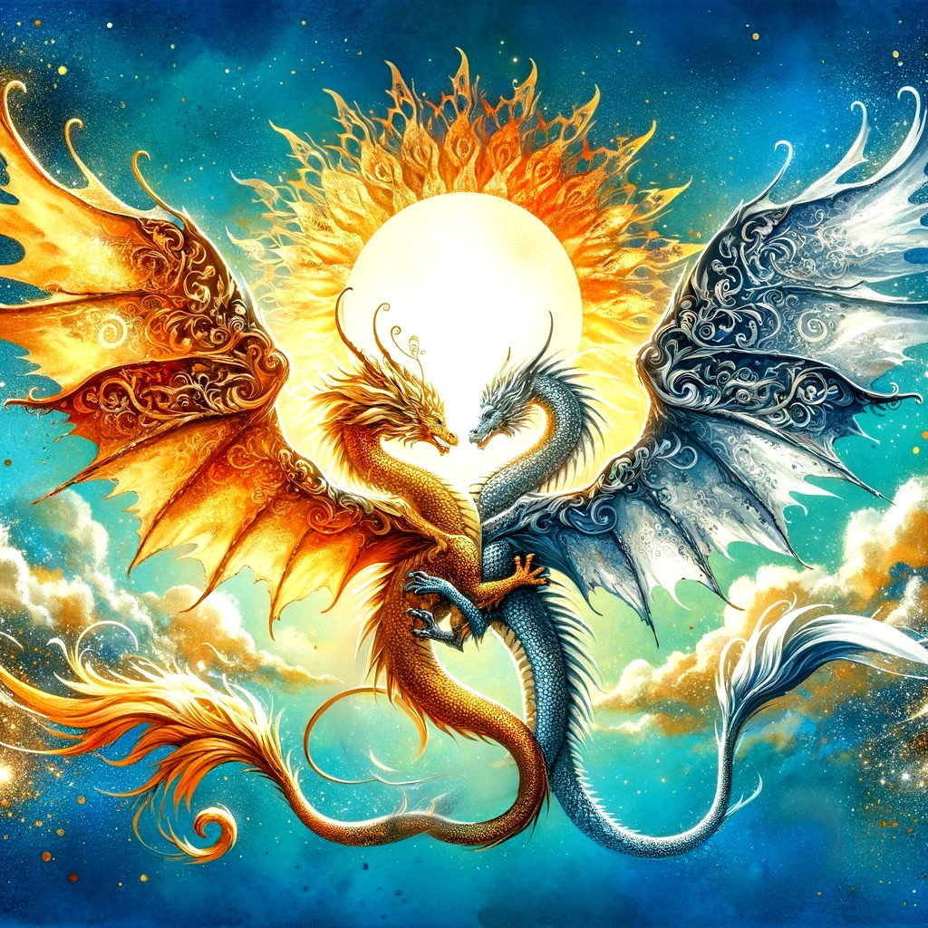 Dragons Entwined Against a Radiant Sun Artwork