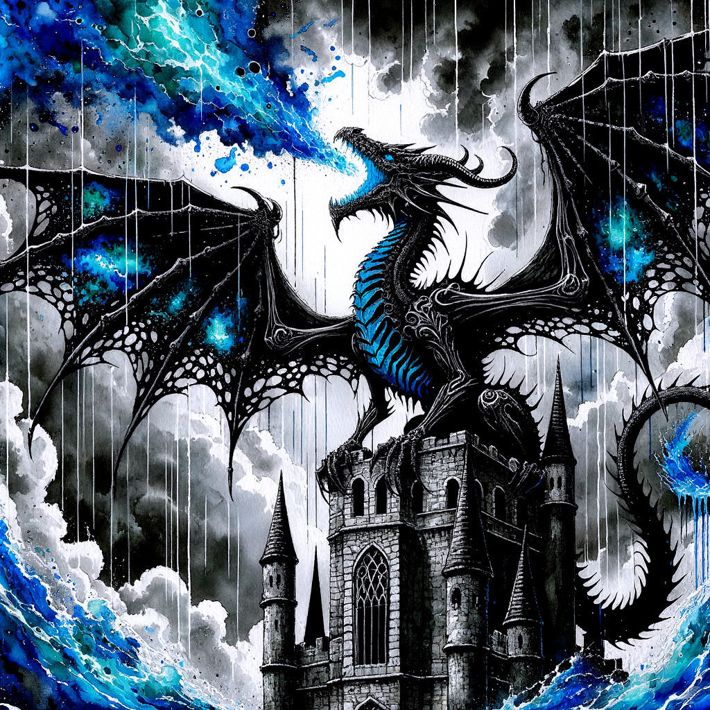 Majestic dragon with blue scales atop gothic castle