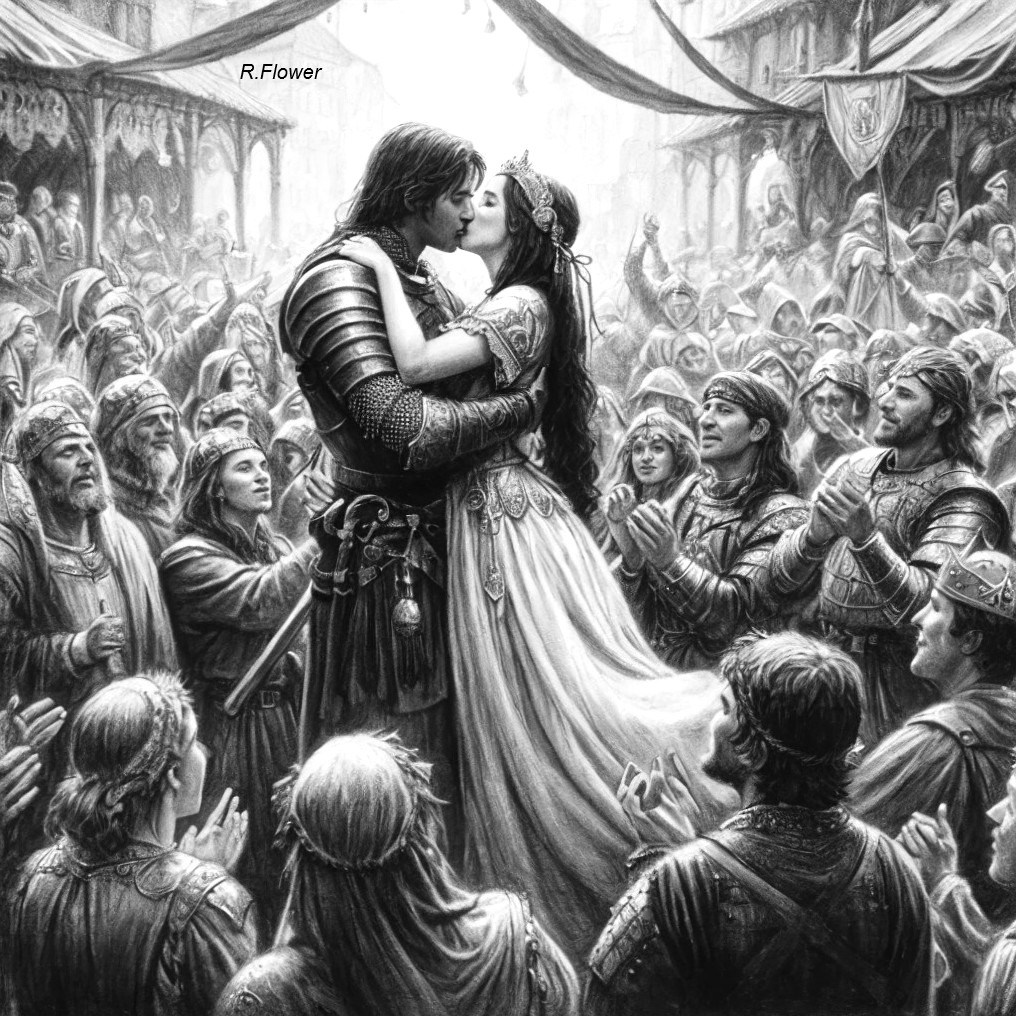 Knight and Lady Kissing in Medieval Celebration Scene