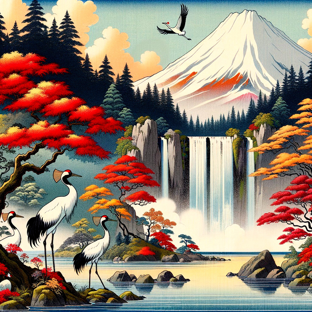 Serene Landscape with Waterfall and Autumn Foliage
